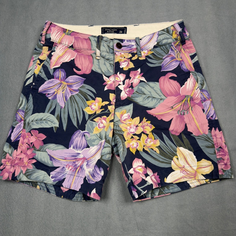 Abercrombie & Fitch Mens Floral Chino Shorts Navy Blue Tropical Print Size 28